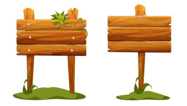 Wooden signposts, empty board textured wood plank.Wood plank set frame game signpost, farm garden or jungle pointing panel. Set menu ui design. Outdoor empty textured arrow vector