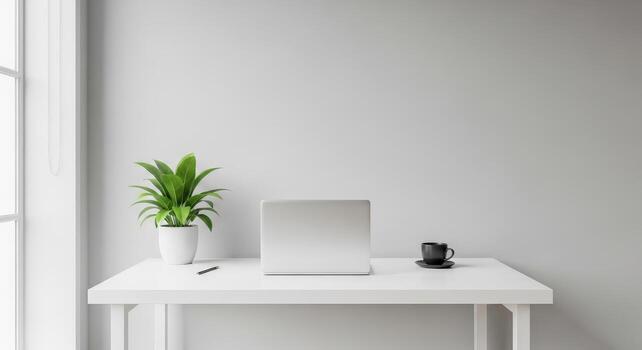 blanco escritorio con ordenador portátil y planta en frente de ventana foto
