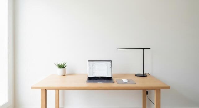 un ordenador portátil se sienta en un de madera escritorio en frente de un ventana foto