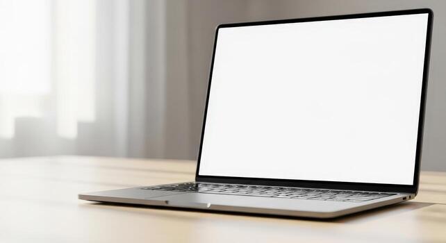 Laptop with blank screen on wooden table photo