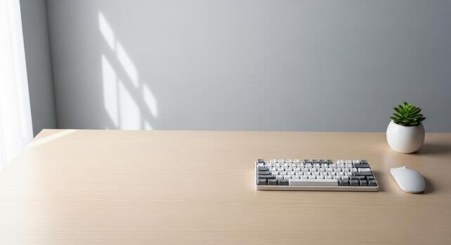 un teclado y ratón en un de madera mesa foto