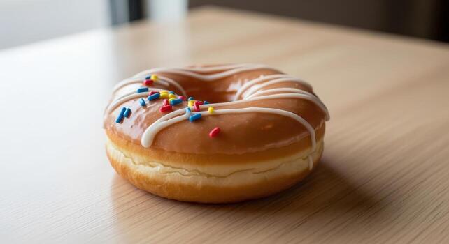A donut sitting on a table with a window in the background photo