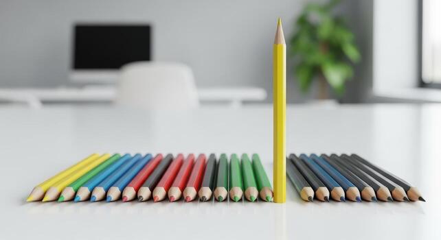 A pencil is sitting in front of a row of colored pencils photo