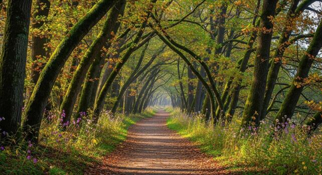 A path through the woods with trees and flowers photo