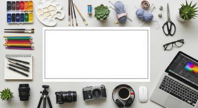 A white frame surrounded by various items photo