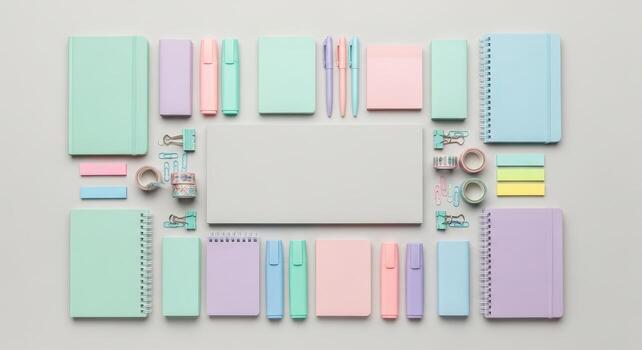 Pastel colored stationery items arranged in a square photo