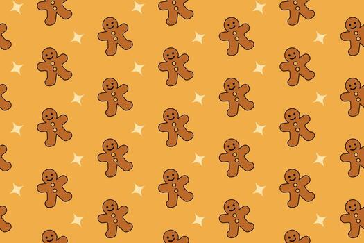 Gingerbread and light seamless pattern on yellow background for holiday. Festive cookie pattern with smiling gingerbread men and star. Christmas biscuit and cookie motif background. vector