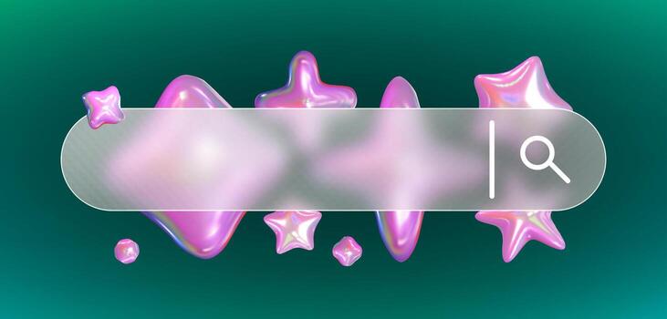 Futuristic Glassmorphism Search Bar with Iridescent Bubbles pink and Star Shapes on the green background. Frame with pearl fluid shapes in y2k style and 90s design. vector