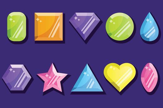ilustración de un conjunto de piedras preciosas de varios formas corazón, círculo, rombo, estrella, triángulo, cuadrado, gota. vector