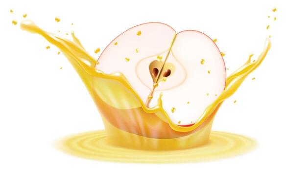 Natural fresh red apple in apple juice, transparent splash and drops, Juice splash with apple. realistic 3d vector