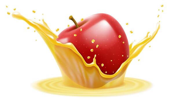 Natural fresh red apple in apple juice, transparent splash and drops, Juice splash with apple. realistic 3d illustration vector