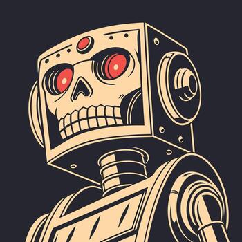 Close-up of a robot. with glowing red eyes and a skull-like face. set against a dark background vector