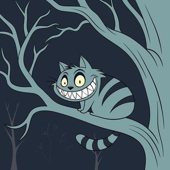 un espantoso representación de el Cheshire gato desde Alicia en mundo maravilloso con brillante ojos y agudo vector