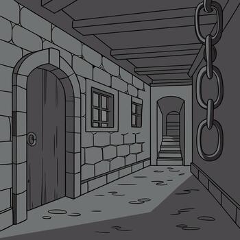 A dimly lit hallway with a chain hanging from the ceiling. Photorealistic AI. Cellar with chains vector