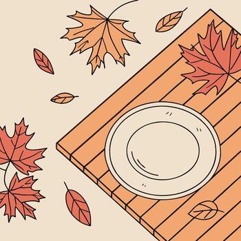Beautiful background of an autumn table made of boards and an empty white plate top view with a vector