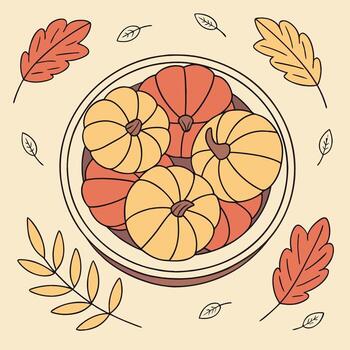 Top view of round plate with fall pumpkins. copy space for text. Creative fall menu . halloween vector