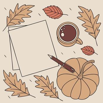 Autumn composition with paper blank and dried leaves with pumpkin on table. Flat lay. top view. vector