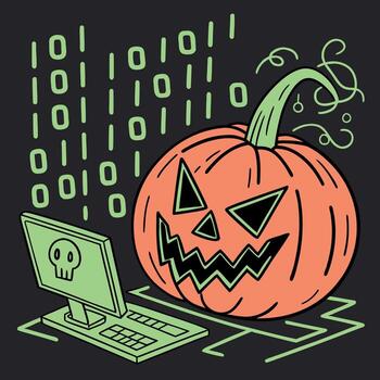 un siniestro Jack-o-lantern brilla en medio de un ciber matriz de verde binario código y digital elementos. vector
