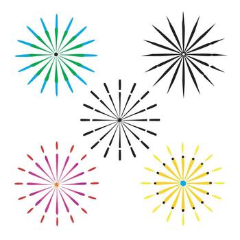 Collection of five stylized starburst and firework graphics on white background vector