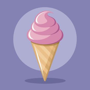 A delicious pink soft serve ice cream cone in a waffle cone with a purple background vector