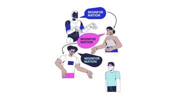 Spread of misinformation through AI 2D animation. Artificial intelligence generates false, misleading news among users animated characters cartoon flat concept metaphor 4K isolated on white video
