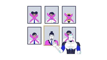 pregiudizio nel artificiale intelligenza il processo decisionale 2d animazione. discriminazione e razzismo nel ai macchina apprendimento algoritmo animato personaggi cartone animato piatto concetto metafora 4k isolato su bianca video