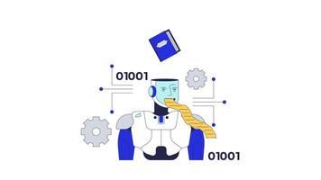 artificial inteligência e direito autoral violação 2d animação. ai máquina Aprendendo e em processamento binário dados conhecimento animado personagem desenho animado plano conceito metáfora 4k isolado em branco video
