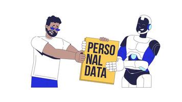 AI and personal data privacy concerns 2D animation. Digital rights violation. Robot and human tugging over sensitive file animated characters cartoon flat concept metaphor 4K isolated on white video