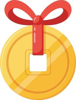 oro chino moneda con rojo cinta lazo en blanco antecedentes vector