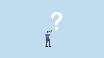 Ask question for answer, entrepreneur using megaphone inquiring with speech bubble featuring large question mark, video