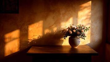 iluminado pelo sol vaso do flores em uma de madeira mesa dentro uma caloroso quarto video