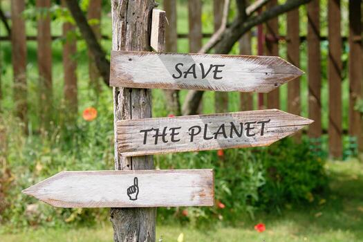 Three wooden arrow signs are attached to a weathered tree trunk. The signs read SAVE THE PLANET and one has a pointing finger, all encouraging action for environmental preservation photo