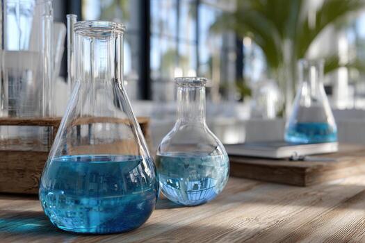 Pharmaceutical lab workspace with blue liquids in glassware showing a clean and organized environment for scientific research photo