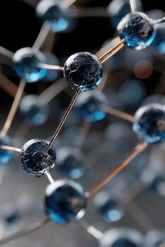 Molecular lattice structure with shallow focus showing intricate connections and detailed textures of blue spheres photo