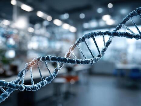 Glowing double helix displayed on a transparent screen in a modern laboratory setting enhances the study of genetics and biotechnology photo