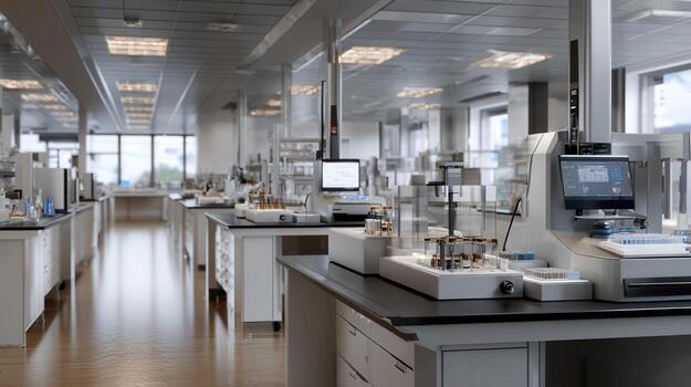 Advanced laboratory environment with pipetting robots and modern equipment for efficient research tasks during daylight photo