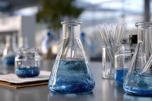 Pharmaceutical lab workspace featuring various glassware and pipettes arranged neatly for scientific research and experimentation in a clean environment photo