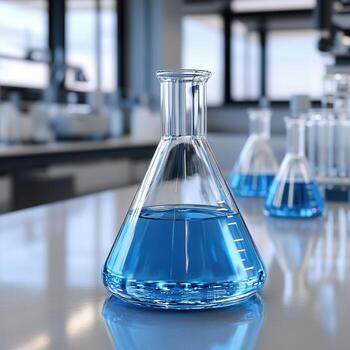 Clean laboratory setting with transparent liquid reagents in flasks on a bright surface showcasing scientific experimentation and research activities photo