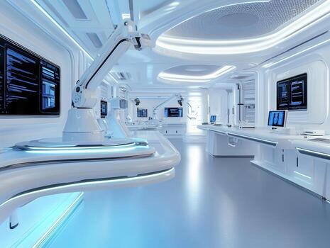 Interior of a modern medical research lab featuring advanced robotic arms and digital screens for innovative research and experiments photo