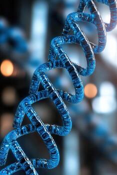 Close-up view of a blue DNA strand showcasing intricate details in a shallow depth of field highlighting its unique structure and design photo