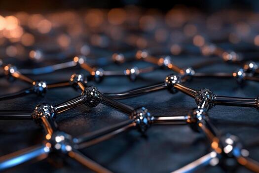 Photorealistic detail of a graphene sheet pattern featuring intricate connections and a dark background photo