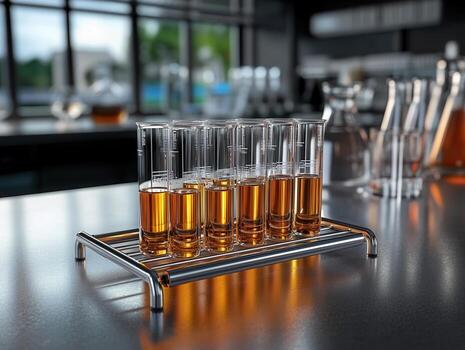 Tubes filled with liquid arranged on a stainless steel rack in a laboratory environment during a scientific experiment photo