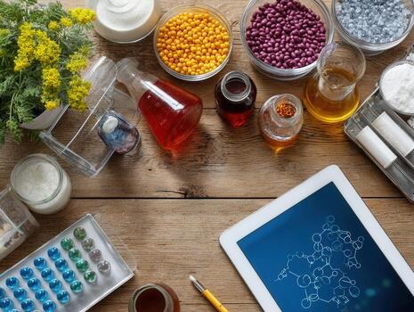 Laboratory desk with chemical reagents plants and digital tablet showing molecular structure during an active research session photo