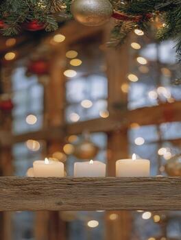 Winter scene featuring lit candles on a rustic wooden shelf with a Christmas frame adorned with pine and sparkling lights in the background photo