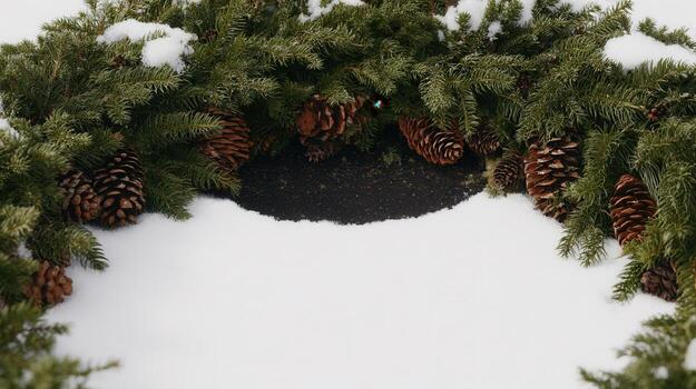 Winter wreath border of fir and cones with a dark matte center set against a backdrop of fresh snow photo