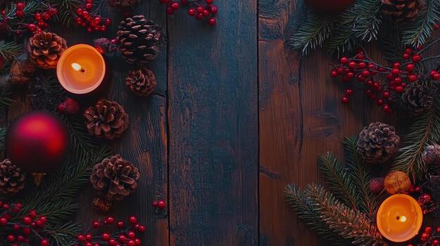 Decorative frame with pine branches red berries and candles arranged on wooden surface for festive celebrations photo