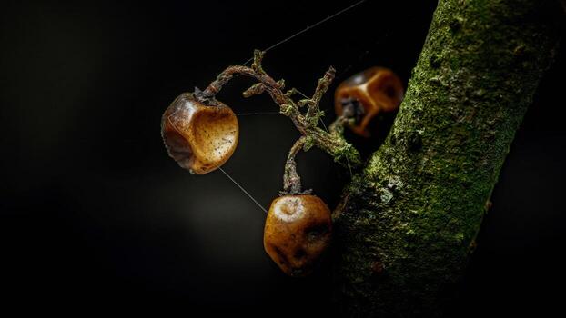 de cerca de seco Fruta en un árbol rama con telarañas en contra un oscuro antecedentes foto