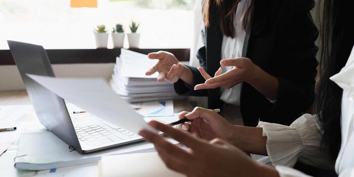 Group of Fund manager and Accountant checking data document on digital tablet for investigation of corruption account photo