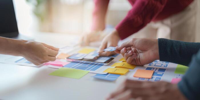 Group of UX UI or designers working to create content of mobile applications. Creative digital development agency concept photo