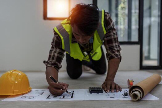 Professional architect designer structural engineer working with blueprint design project. photo